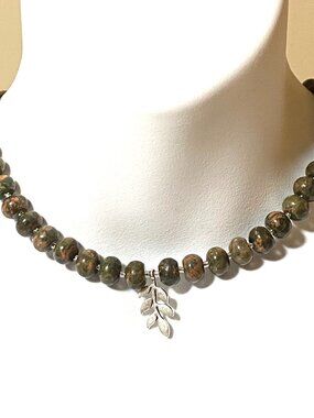 Earthy Unakite Short Necklace, Natural Gemstone & Silver Leaf-branch Pendant